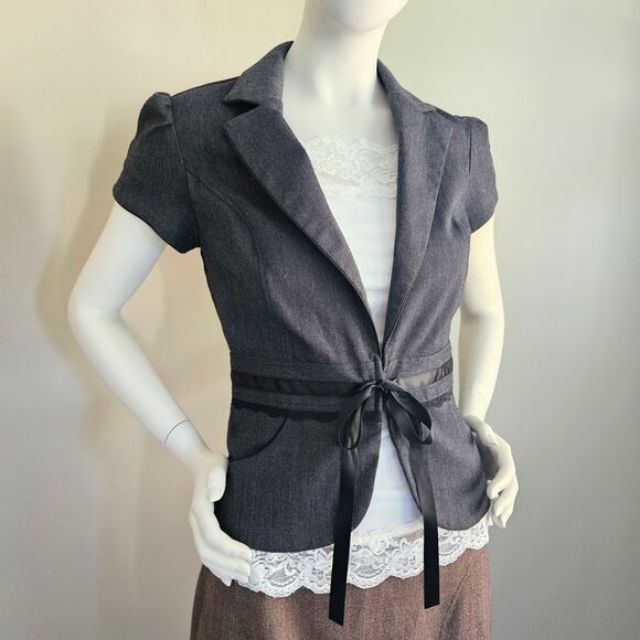 Y2k Puff Cap Sleeve Blazer Top Alt Horror Game Office Siren Y2K 90s Ribbon Sz M - Picture 5 of 7